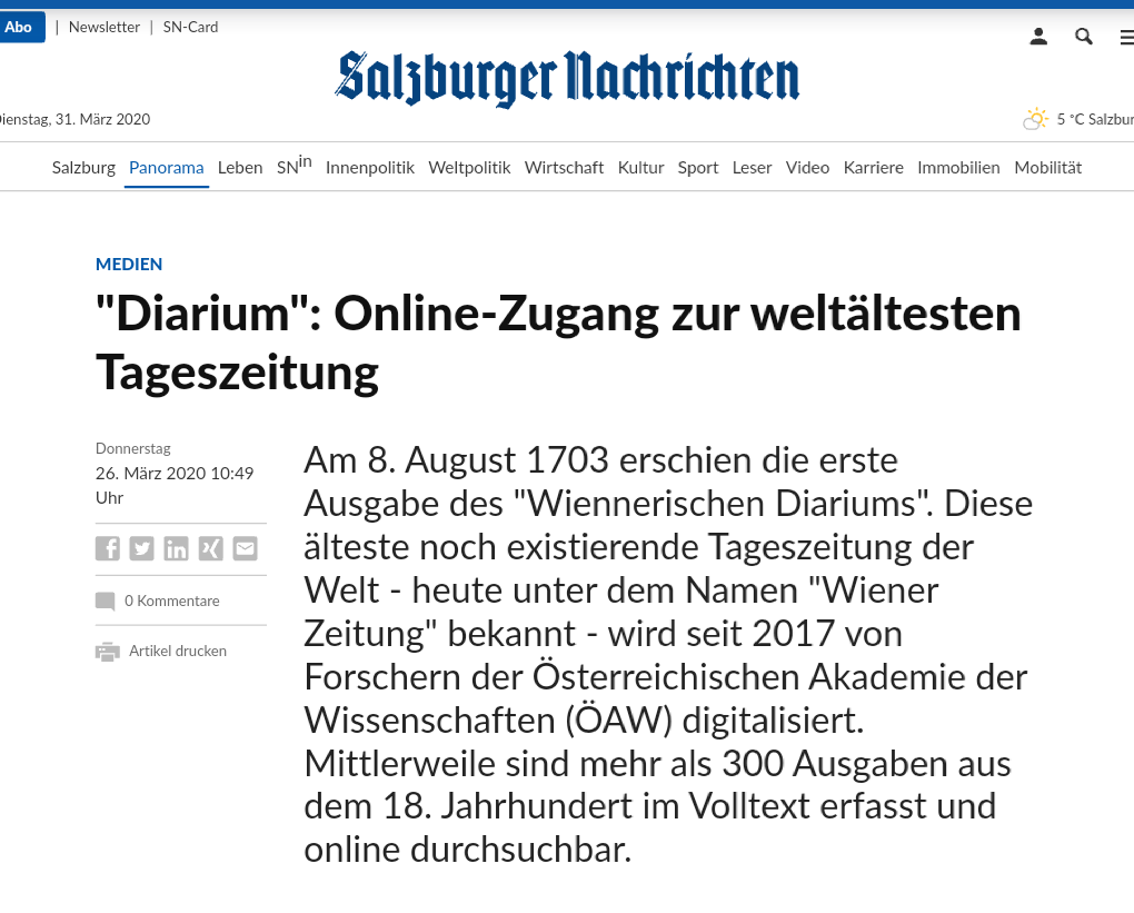 „Diarium“: Online-Zugang zur weltältesten Tageszeitung