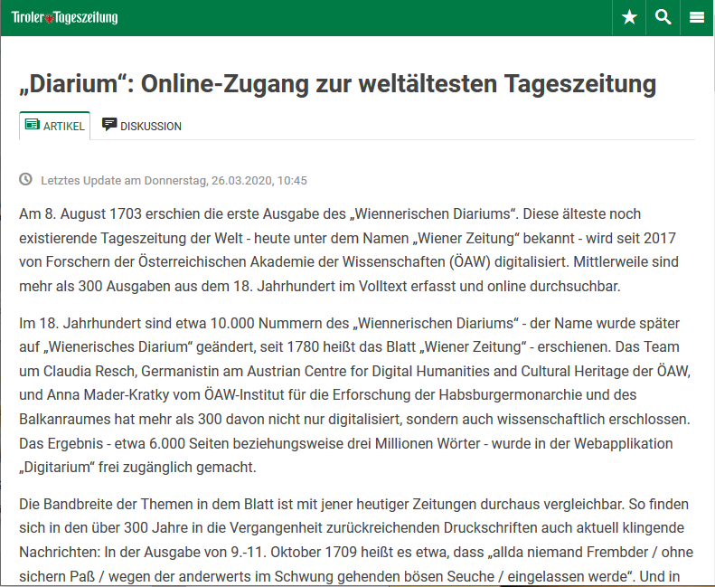 „Diarium“: Online-Zugang zur weltältesten Tageszeitung