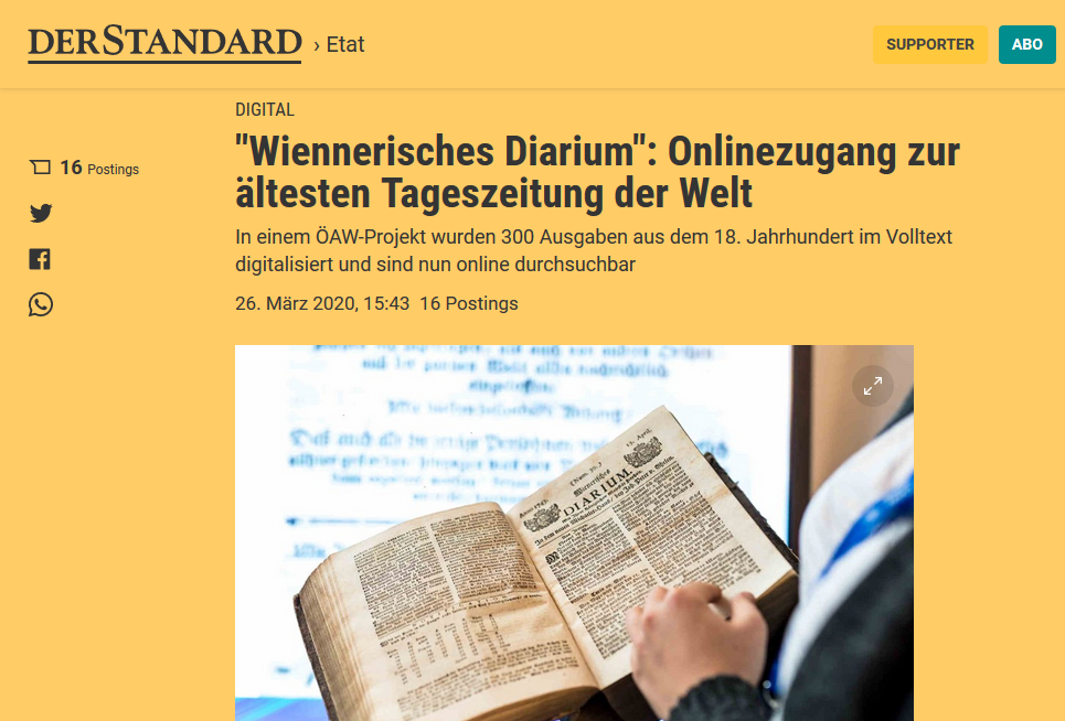 „Wiennerisches Diarium“: Onlinezugang zur ältesten Tageszeitung der Welt﻿